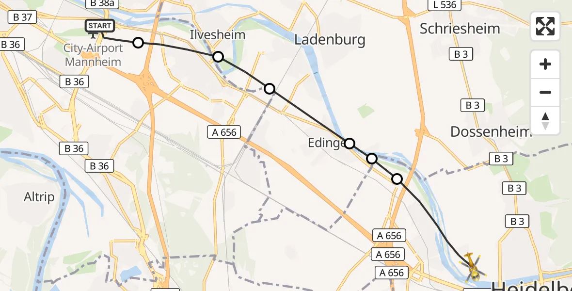 Flugroute Rettungshubschrauber Mannheim-City Flughafen - Heidelberg, 01 Oktober 2026, 09:41