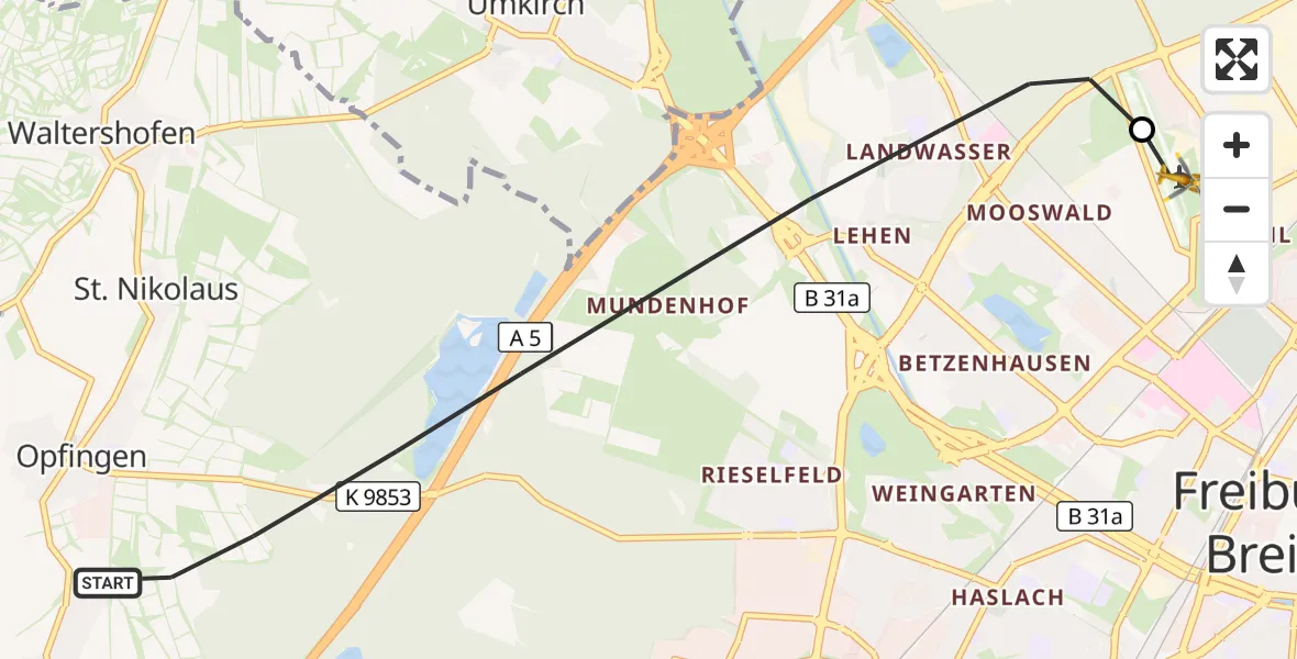 Flugroute Ambulanzhubschrauber Freiburg im Breisgau - Freiburg im Breisgau Flugplatz, 01 Oktober 2026, 09:45