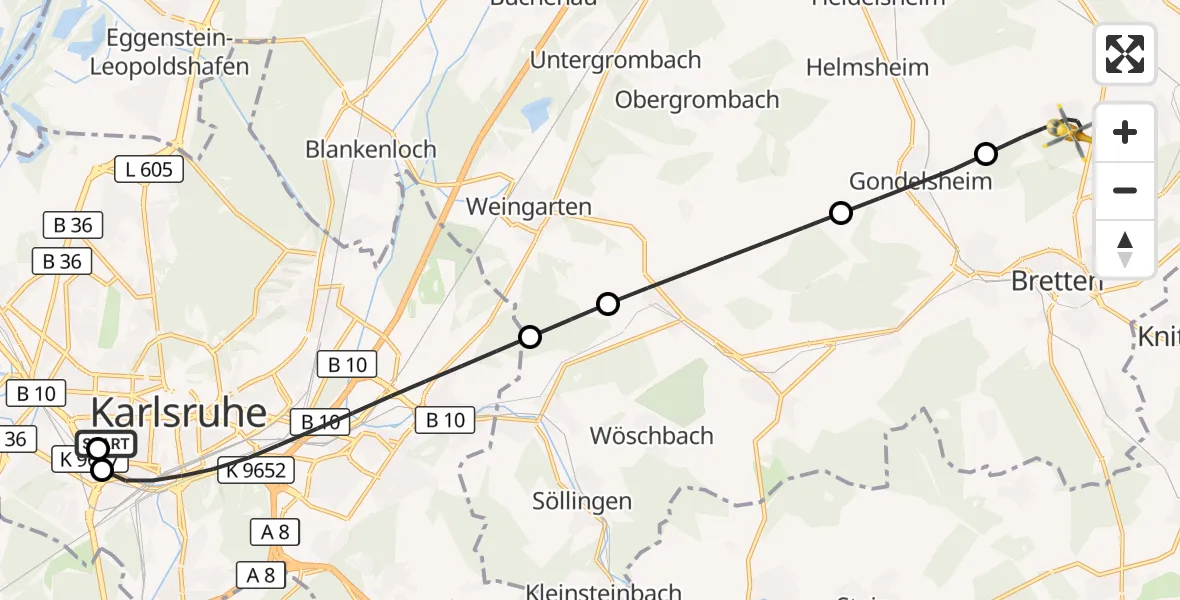 Flugroute Ambulanzhubschrauber Sankt Vincentius Hospital - Bretten, 01 Oktober 2026, 09:45