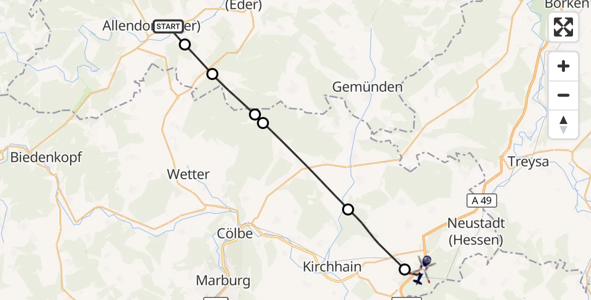 Flugroute Polizeihubschrauber Allendorf (Eder) - Stadtallendorf, 01 Oktober 2026, 09:46