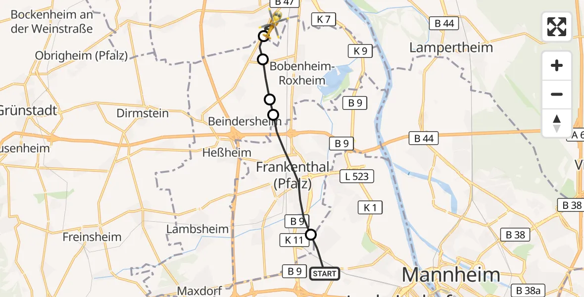 Flugroute Rettungshubschrauber Ludwigshafen am Rhein - Worms, 01 Oktober 2026, 09:49