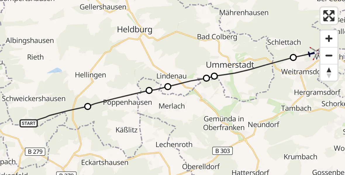 Flugroute Polizeihubschrauber Schweickershausen - Weitramsdorf, 01 Oktober 2026, 09:49