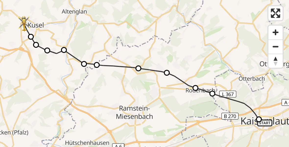 Flugroute Rettungshubschrauber Westpfalz Hospital Kaiserslautern - Kusel, 01 Oktober 2026, 10:07