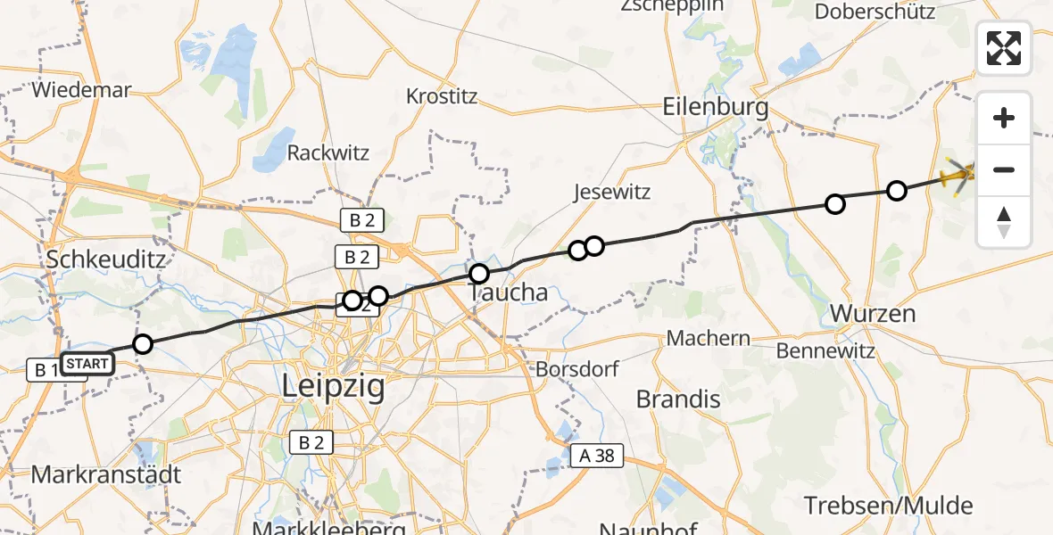 Flugroute Rettungshubschrauber Schkeuditz - Lossatal, 01 Oktober 2026, 10:17