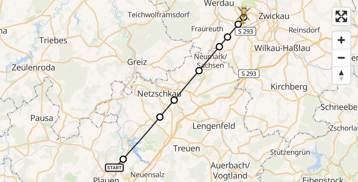 Flugroute Rettungshubschrauber Plauen - ADAC Air Rescue Station Zwickau Hubschrauberlandeplatz, 01 Oktober 2026, 10:21