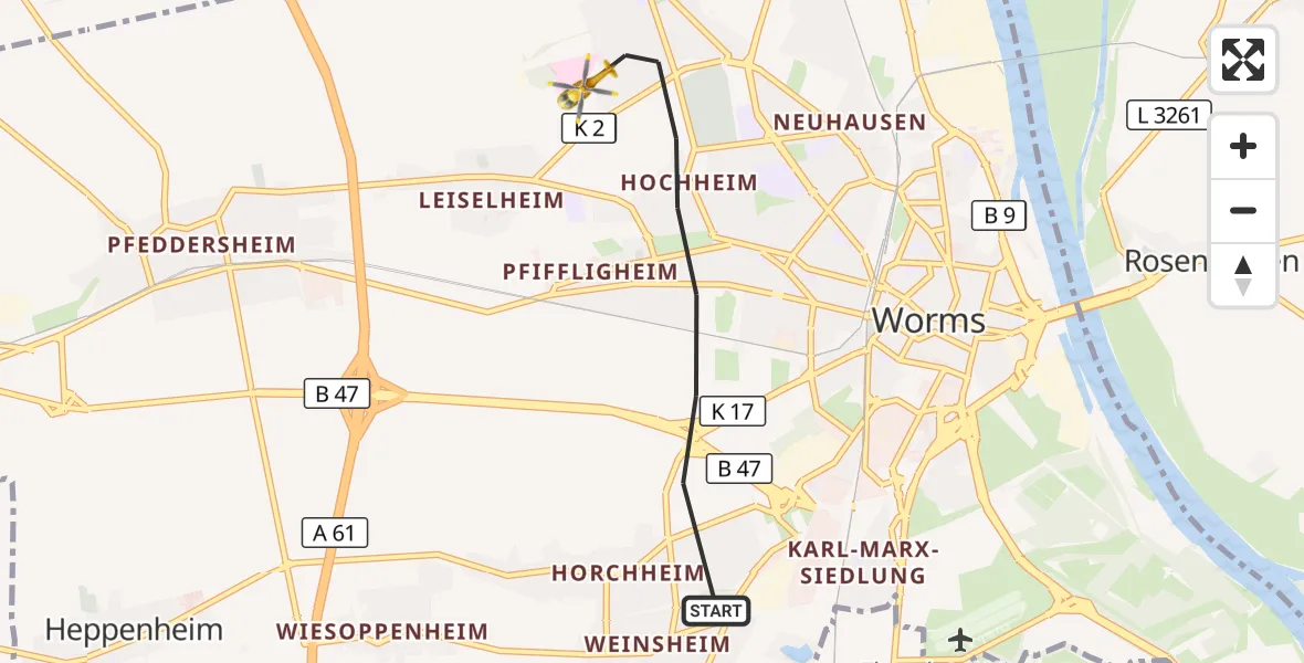 Flugroute Rettungshubschrauber Worms - Worms, 01 Oktober 2026, 10:28