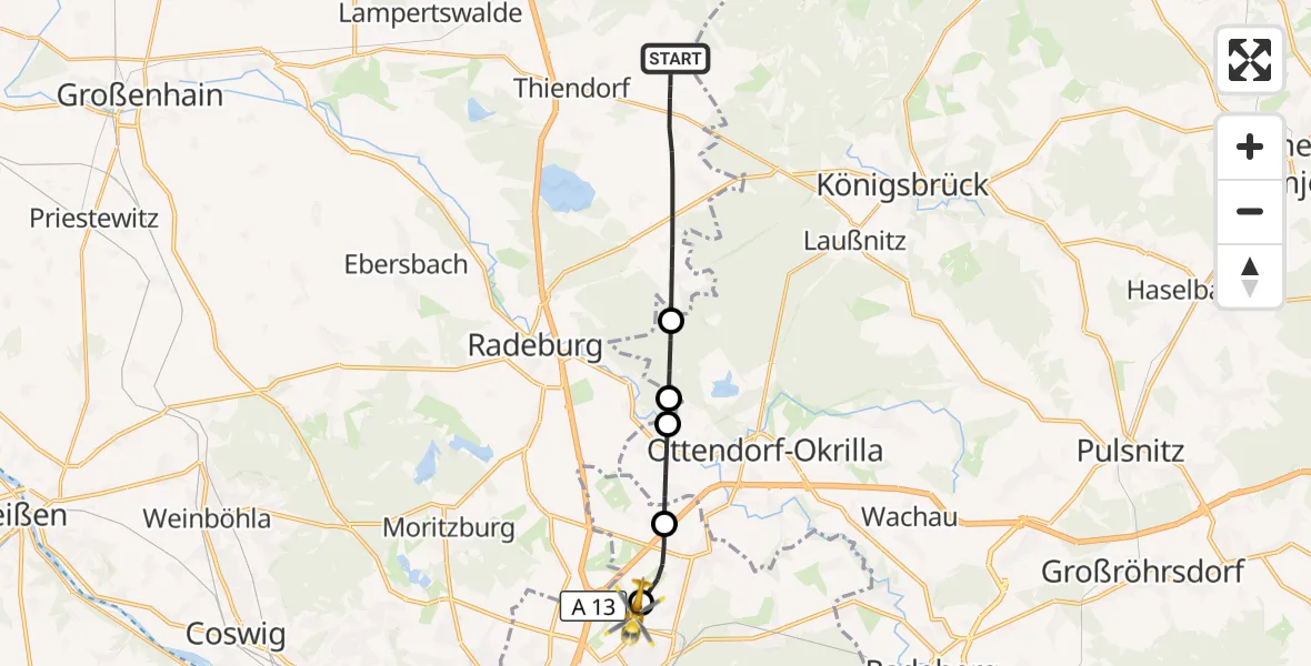 Flugroute Rettungshubschrauber Thiendorf - Dresden Bundespolizei Hubschrauberlandeplatz, 01 Oktober 2026, 10:29