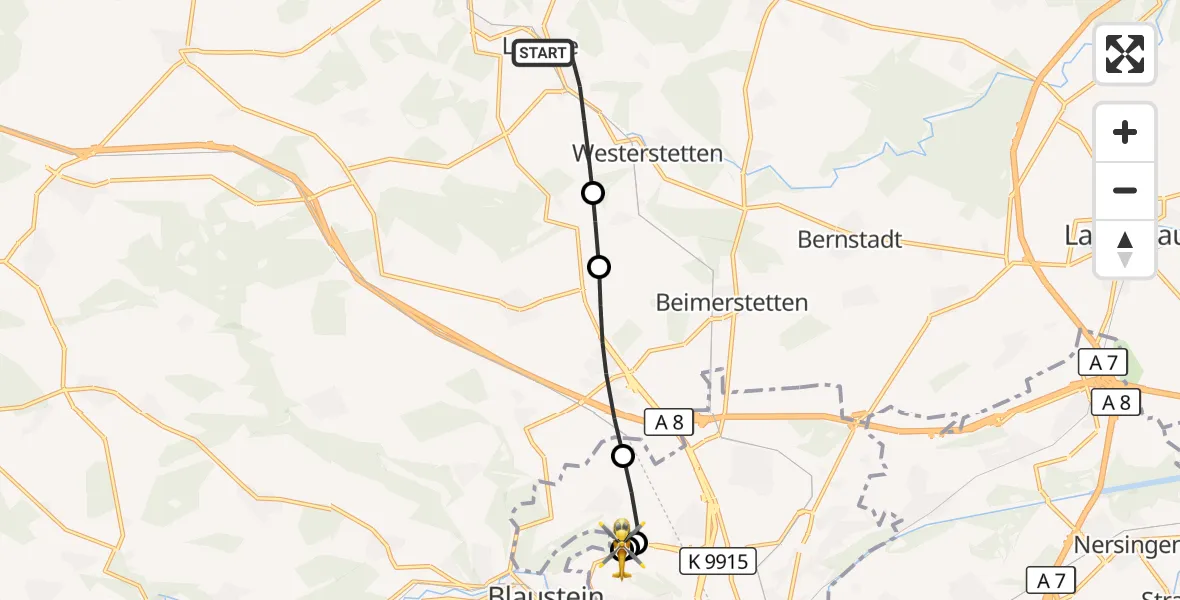 Flugroute Rettungshubschrauber Lonsee - ADAC Air Rescue Station Ulm (Christoph 22), 01 Oktober 2026, 10:40
