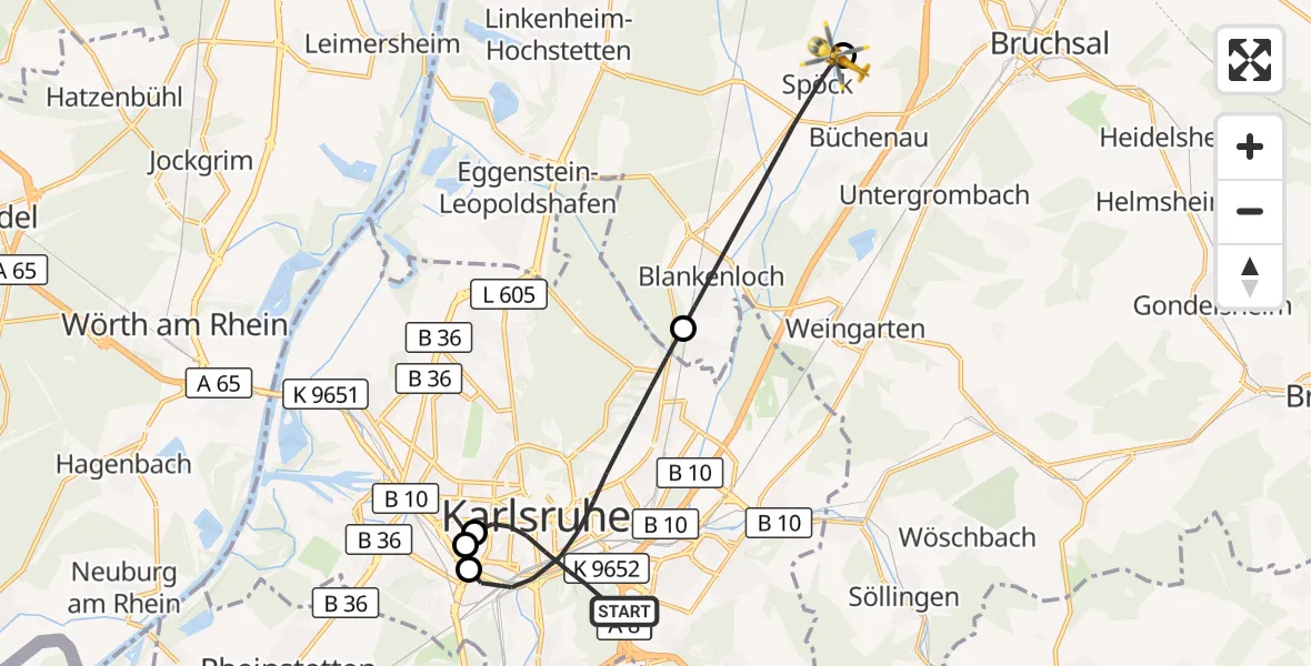 Flugroute Ambulanzhubschrauber Karlsruhe - Karlsdorf-Neuthard, 01 Oktober 2026, 10:48
