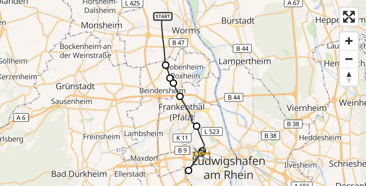 Flugroute Rettungshubschrauber Worms - Ludwigshafen Accident Hospital, 01 Oktober 2026, 10:53