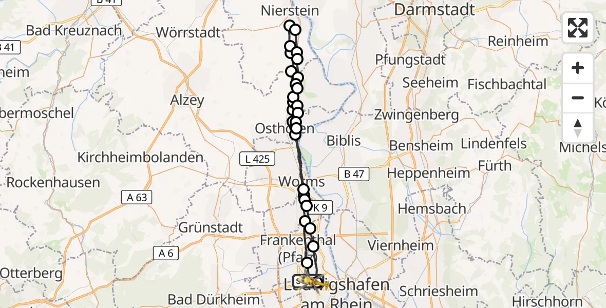 Flugroute Rettungshubschrauber Ludwigshafen am Rhein - Ludwigshafen Accident Hospital, 01 Oktober 2026, 11:17