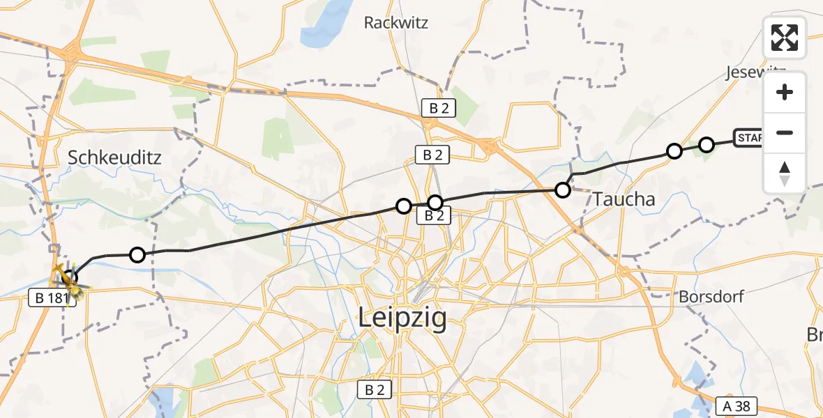 Flugroute Rettungshubschrauber Jesewitz - ADAC Air Rescue Station Leipzig/Schkeuditz-Dölzig Hubschrauberlandeplatz (Christoph 61), 01 Oktober 2026, 11:33