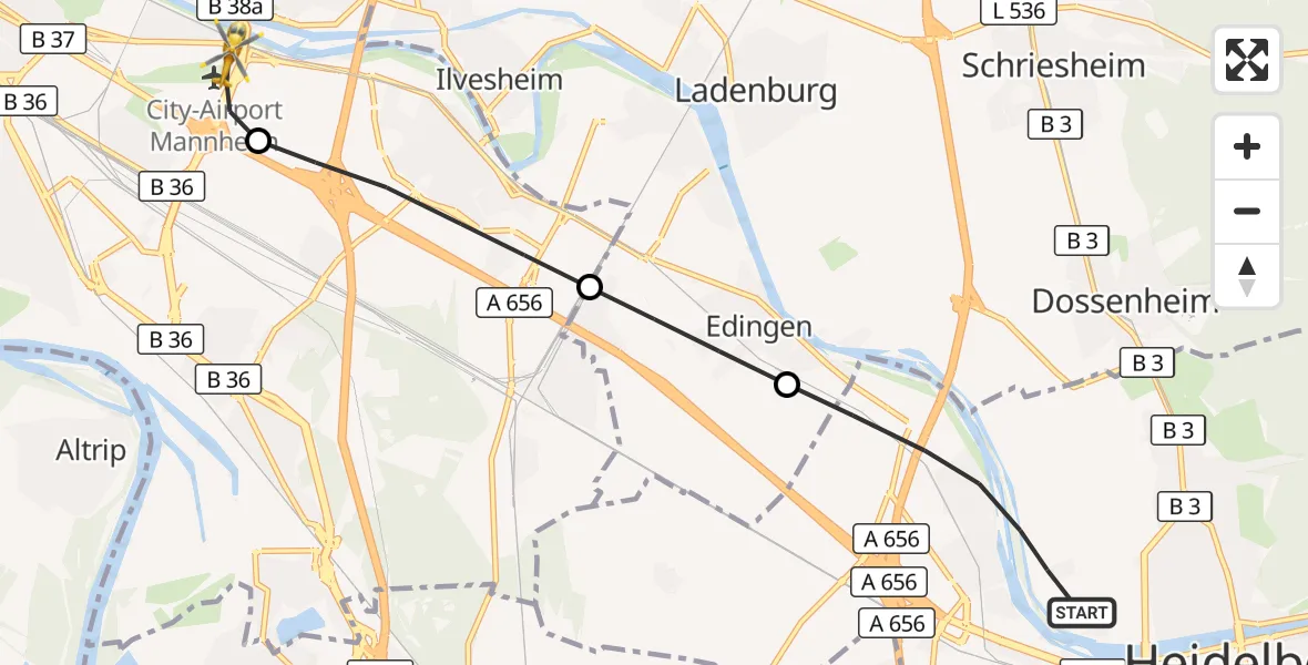 Flugroute Rettungshubschrauber Heidelberg - Mannheim-City Flughafen, 01 Oktober 2026, 11:35