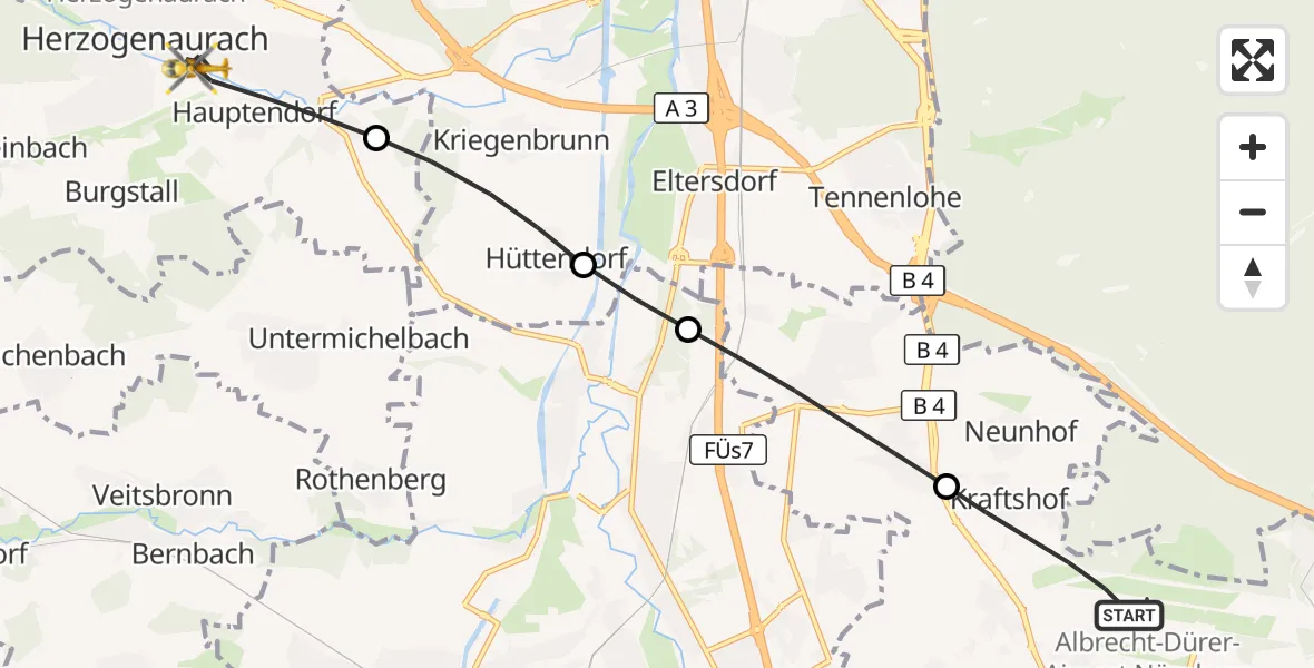 Flugroute Ambulanzhubschrauber Flughafen Nuremberg - Herzogenaurach, 01 Oktober 2026, 11:37