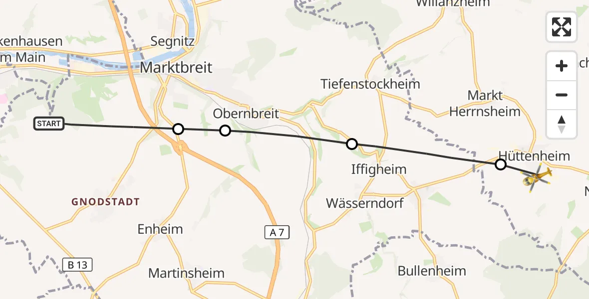 Flugroute Rettungshubschrauber Marktbreit - Willanzheim, 01 Oktober 2026, 11:42