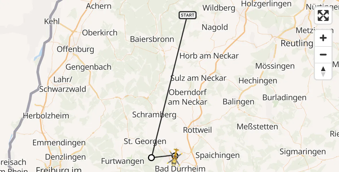 Flugroute Ambulanzhubschrauber Altensteig - DRF Air Rescue Station Villingen-Schwenningen Hubschrauberlandeplatz (Christoph 11), 01 Oktober 2026, 11:43