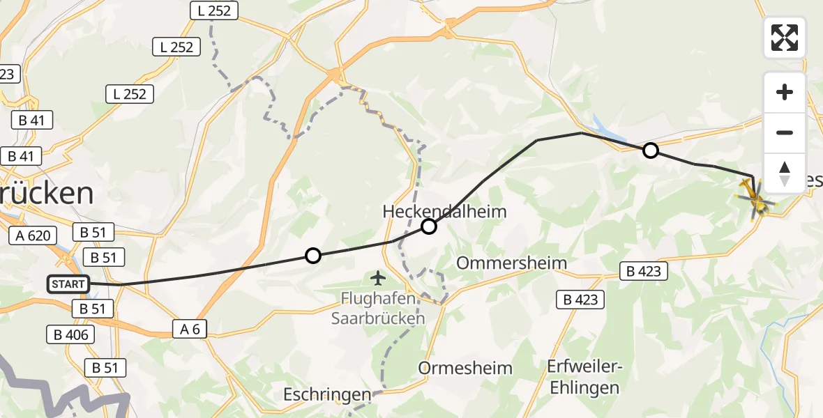 Flugroute Rettungshubschrauber Saarbrücken - Blieskastel, 01 Oktober 2026, 11:48