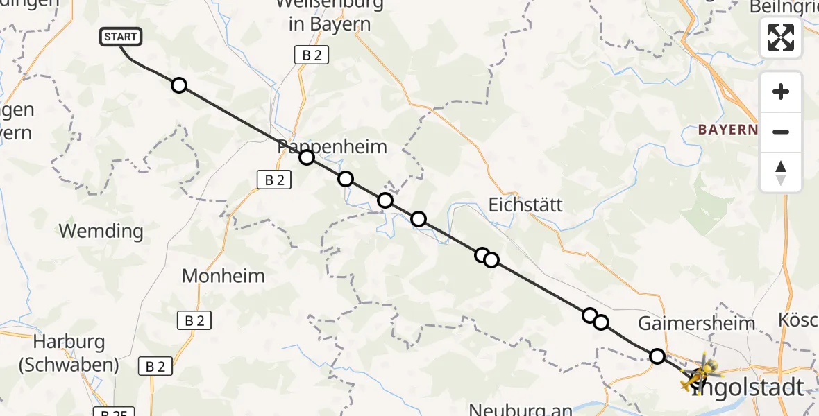 Flugroute Rettungshubschrauber Heidenheim - Ingolstadt Hospital, 01 Oktober 2026, 11:49