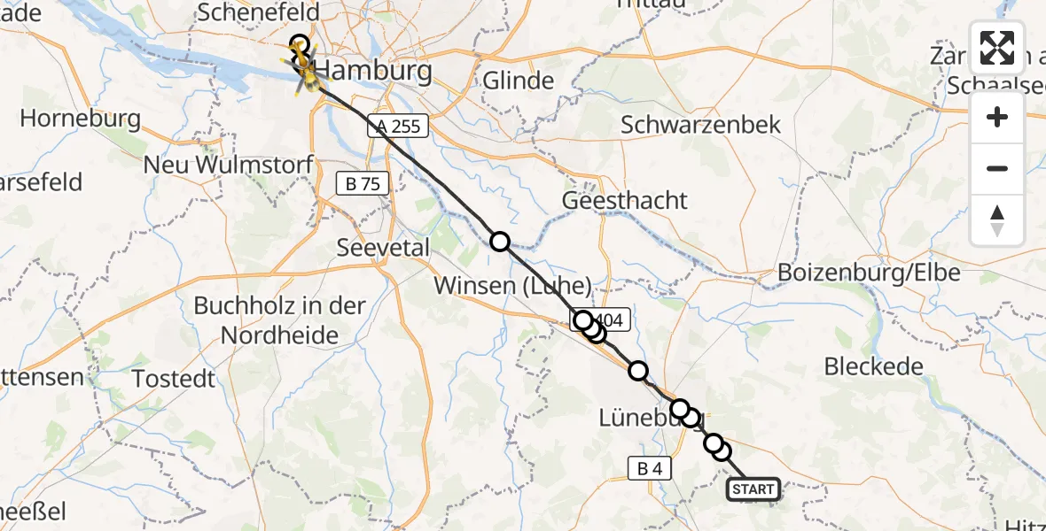 Flugroute Rettungshubschrauber Vastorf - Asklepios Hospital Altona, 01 Oktober 2026, 12:12