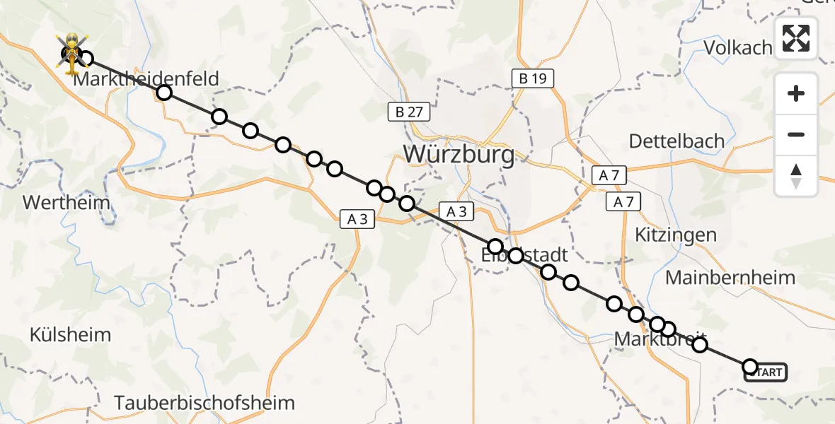 Flugroute Rettungshubschrauber Willanzheim - Bischbrunn, 01 Oktober 2026, 12:13