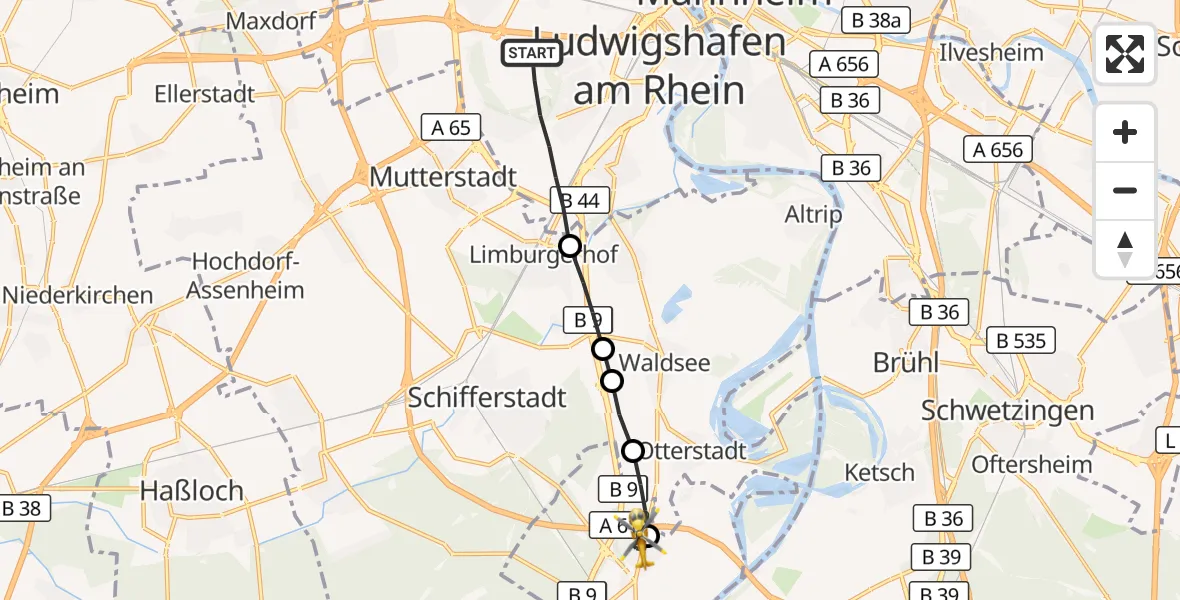 Flugroute Rettungshubschrauber Ludwigshafen am Rhein - Speyer, 01 Oktober 2026, 12:16