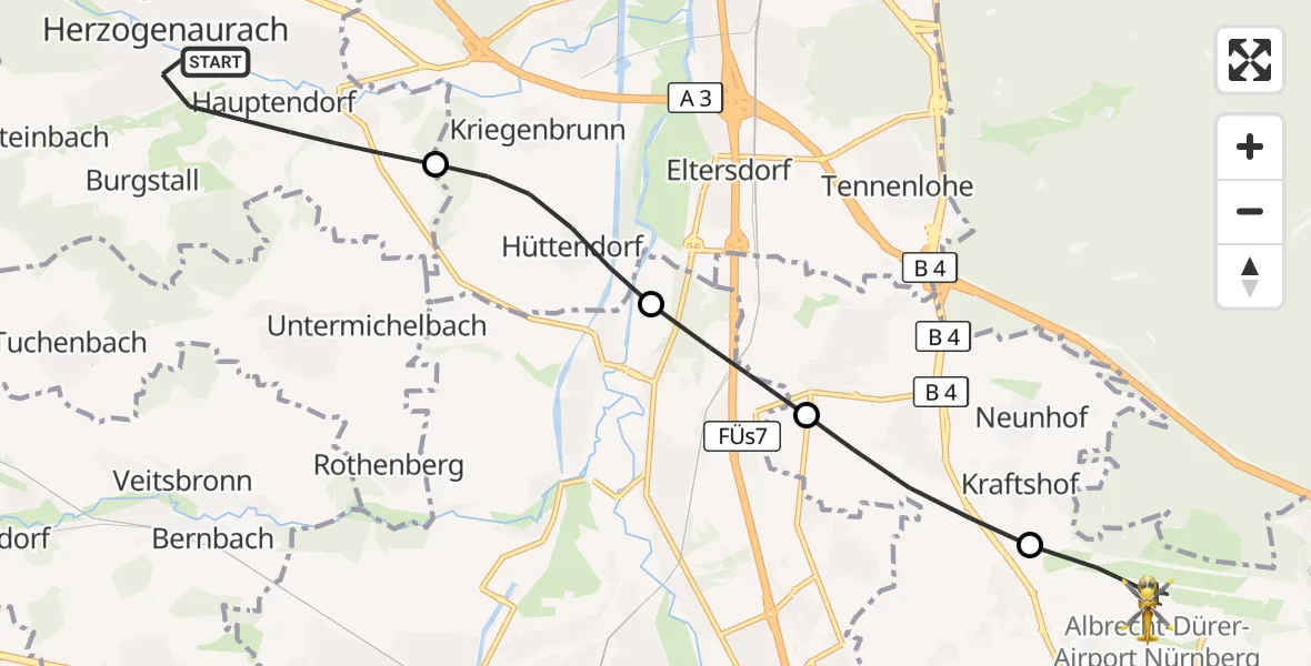 Flugroute Ambulanzhubschrauber Herzogenaurach - Flughafen Nuremberg, 01 Oktober 2026, 12:19
