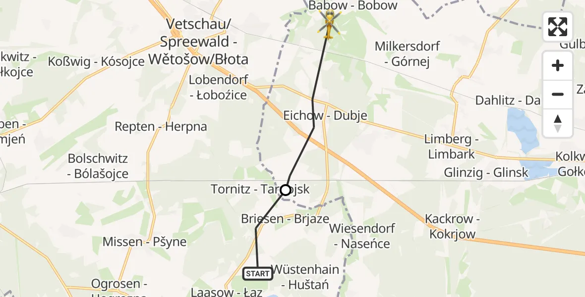 Flugroute Rettungshubschrauber Vetschau/Spreewald - Kolkwitz, 01 Oktober 2026, 12:27