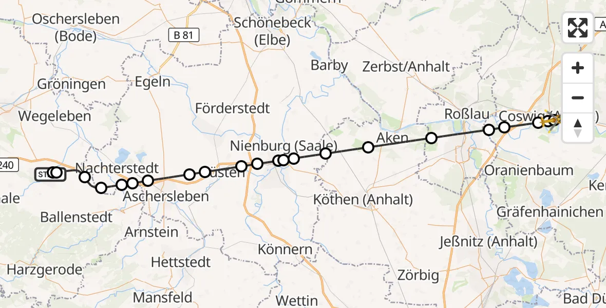 Flugroute Rettungshubschrauber Harz Hospital Quedlinburg - MediClin Heart Center Coswig Hubschrauberlandeplatz, 01 Oktober 2026, 12:35