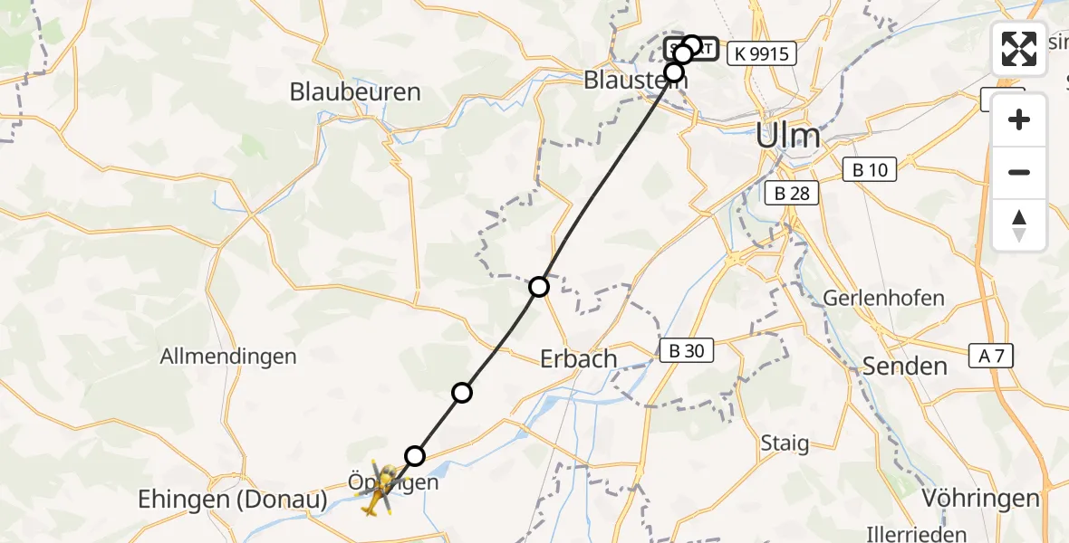 Flugroute Rettungshubschrauber Ulm Military Hospital Emergency - Öpfingen, 01 Oktober 2026, 12:38