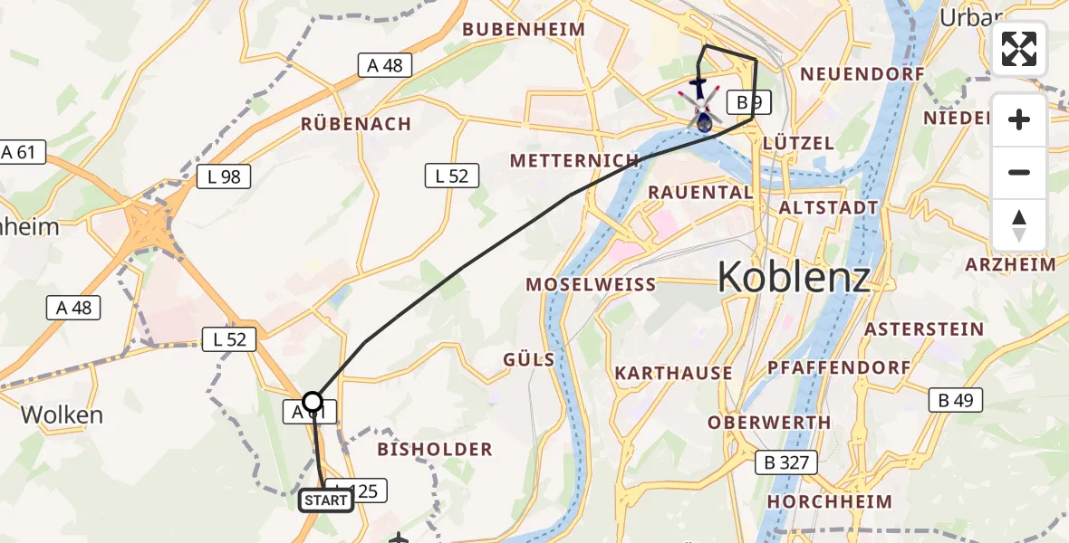 Flugroute Polizeihubschrauber Winningen - Koblenz, 01 Oktober 2026, 12:41
