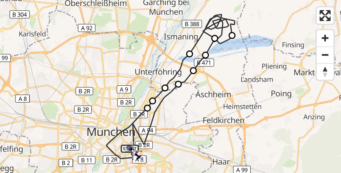 Flugroute Polizeihubschrauber München - München, 01 Oktober 2026, 12:42