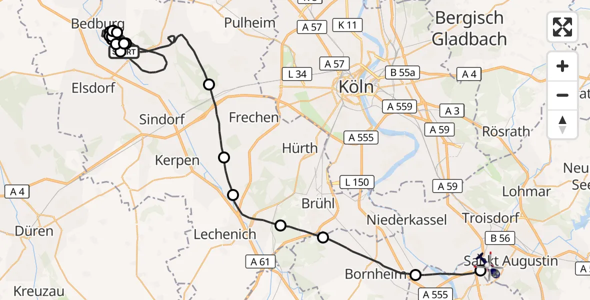 Flugroute Polizeihubschrauber Bergheim - Sankt Augustin, 01 Oktober 2026, 13:06