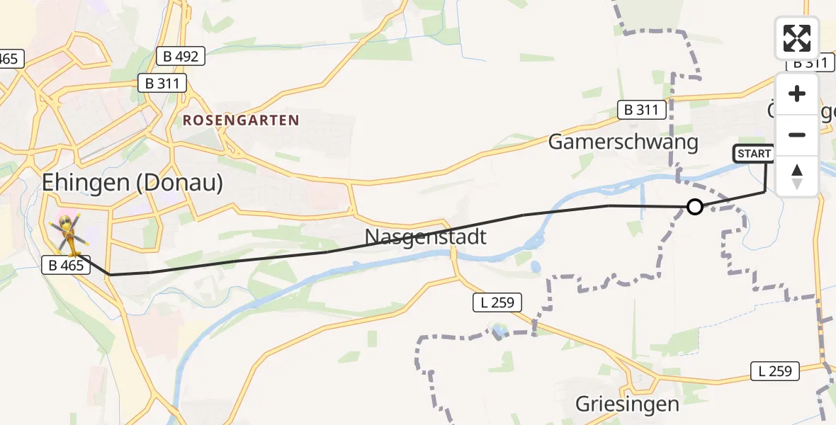 Flugroute Rettungshubschrauber Öpfingen - Ehingen (Donau), 01 Oktober 2026, 13:17