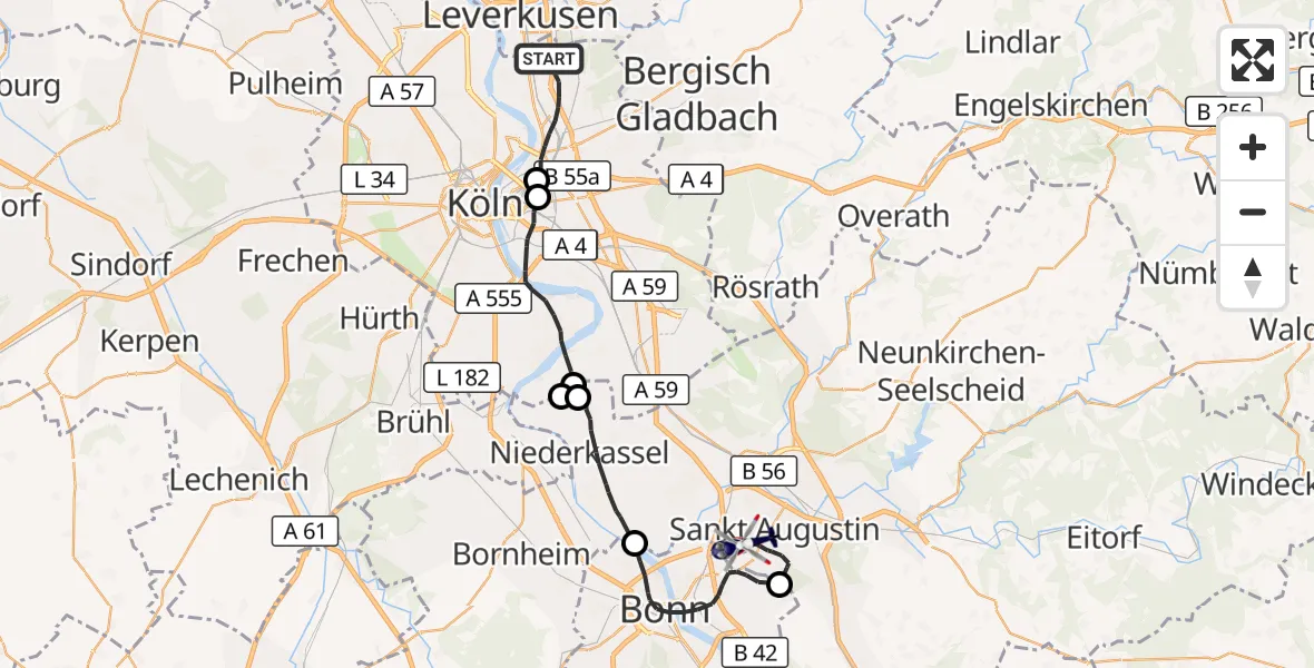 Flugroute Polizeihubschrauber Köln - Bonn-Hangelar Flugplatz, 01 Oktober 2026, 13:17