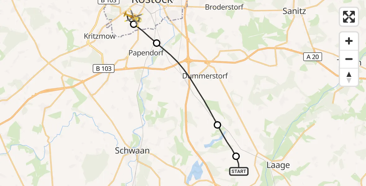 Flugroute Rettungshubschrauber Flughafen Rostock-Laage - Rostock, 01 Oktober 2026, 13:35