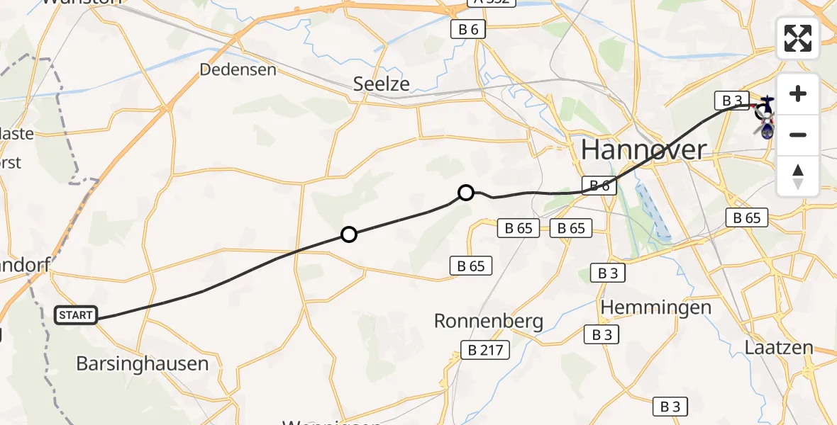 Flugroute Polizeihubschrauber Barsinghausen - Hannover Luftrettung Hubschrauberlandeplatz (Christoph 4), 01 Oktober 2026, 13:35