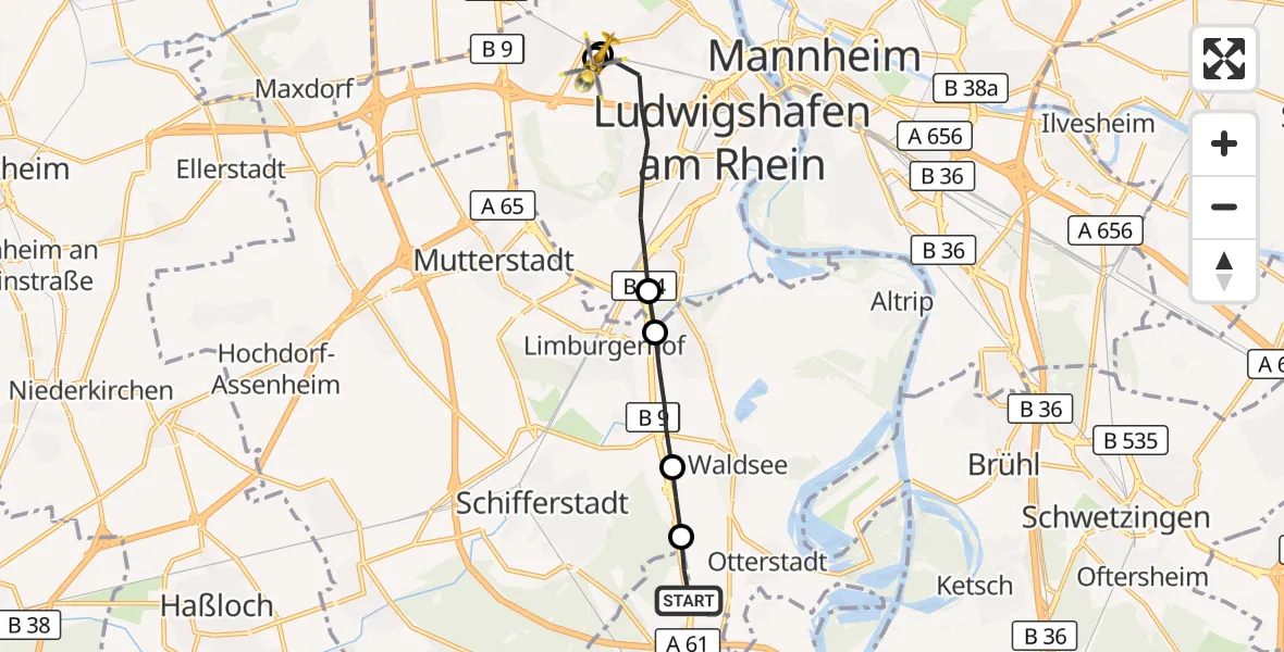 Flugroute Rettungshubschrauber Speyer - Ludwigshafen Accident Hospital, 01 Oktober 2026, 13:39