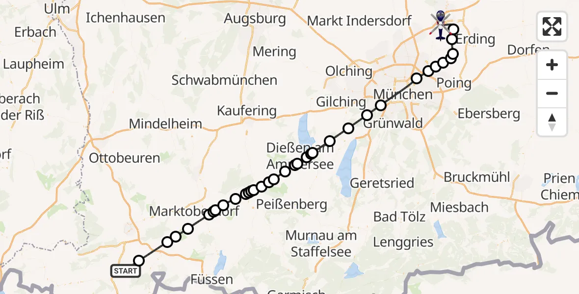 Flugroute Polizeihubschrauber Rettenberg - München Flughafen, 01 Oktober 2026, 13:40