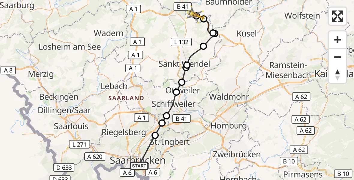 Flugroute Rettungshubschrauber Saarbrücken - Leitzweiler, 01 Oktober 2026, 13:50