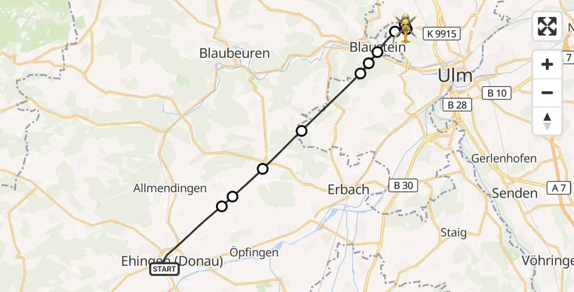 Flugroute Rettungshubschrauber Ehingen (Donau) - ADAC Air Rescue Station Ulm (Christoph 22), 01 Oktober 2026, 13:51