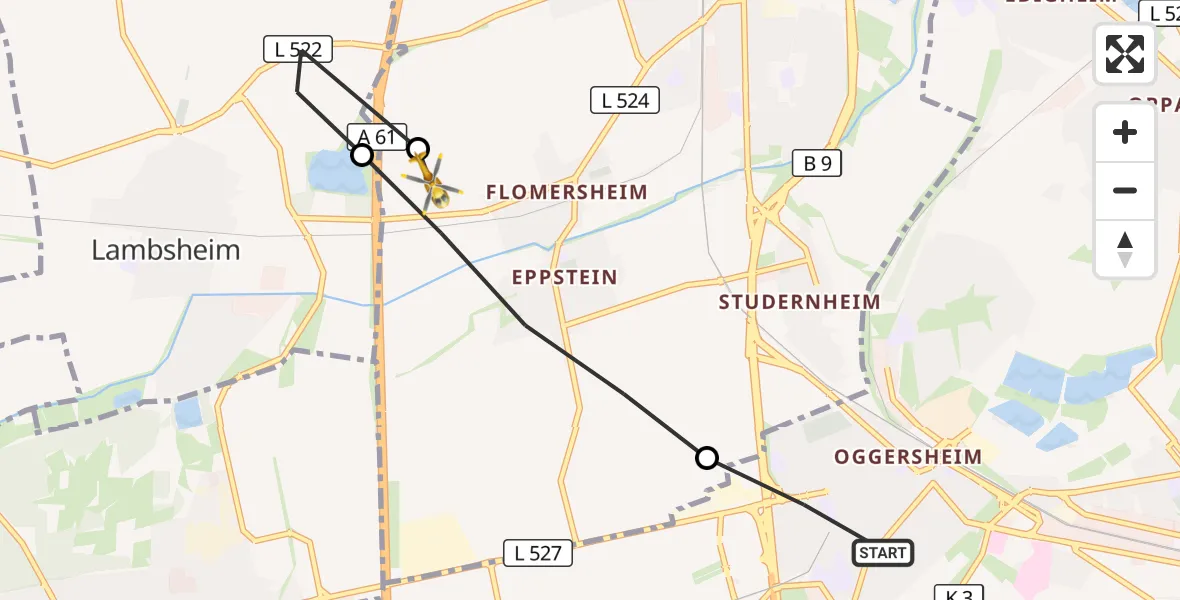 Flugroute Rettungshubschrauber Ludwigshafen am Rhein - Frankenthal (Pfalz), 01 Oktober 2026, 14:13