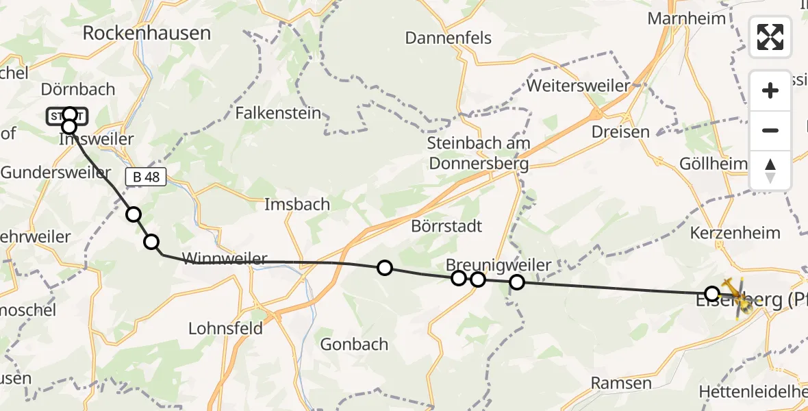 Flugroute Rettungshubschrauber Rockenhausen - Eisenberg (Pfalz), 01 Oktober 2026, 14:25
