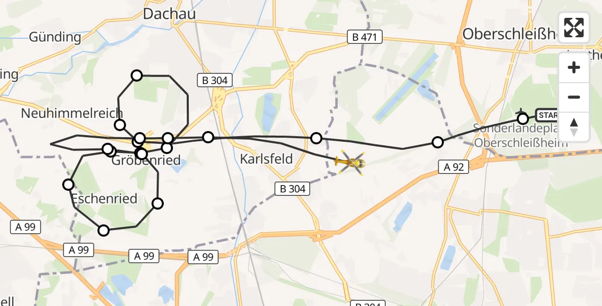 Flugroute Rettungshubschrauber Oberschleissheim Hubschrauberlandeplatz - München, 01 Oktober 2026, 14:29