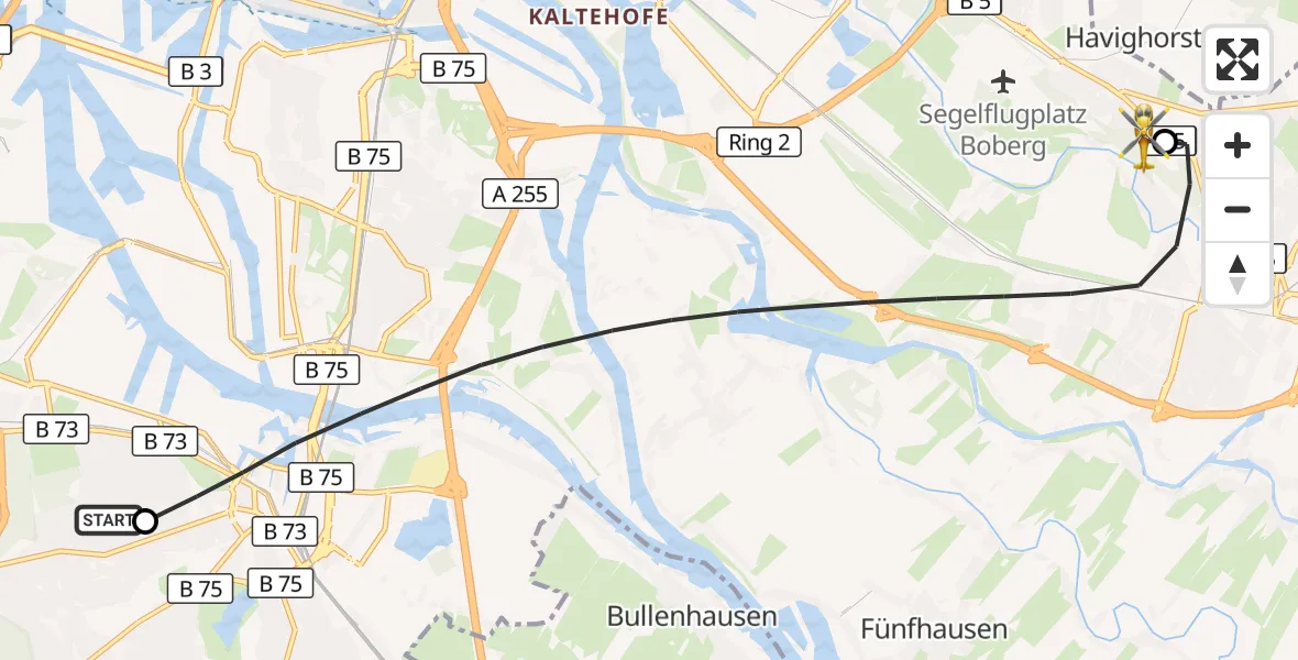 Flugroute Rettungshubschrauber Asklepios Hospital Harburg - Christoph Hansa ADAC Hubschrauberlandeplatz, 01 Oktober 2026, 14:34