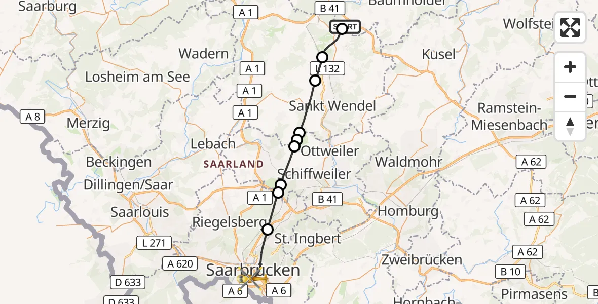 Flugroute Rettungshubschrauber Gimbweiler - Saarbrücken, 01 Oktober 2026, 14:50