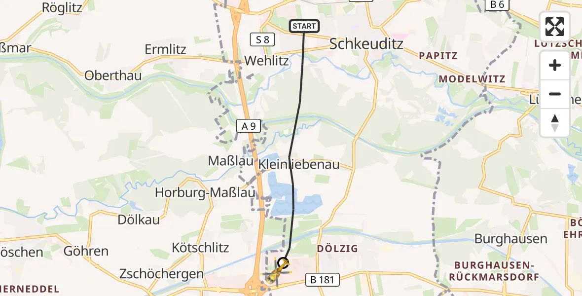 Flugroute Rettungshubschrauber Schkeuditz - ADAC Air Rescue Station Leipzig/Schkeuditz-Dölzig Hubschrauberlandeplatz (Christoph 61), 01 Oktober 2026, 14:50
