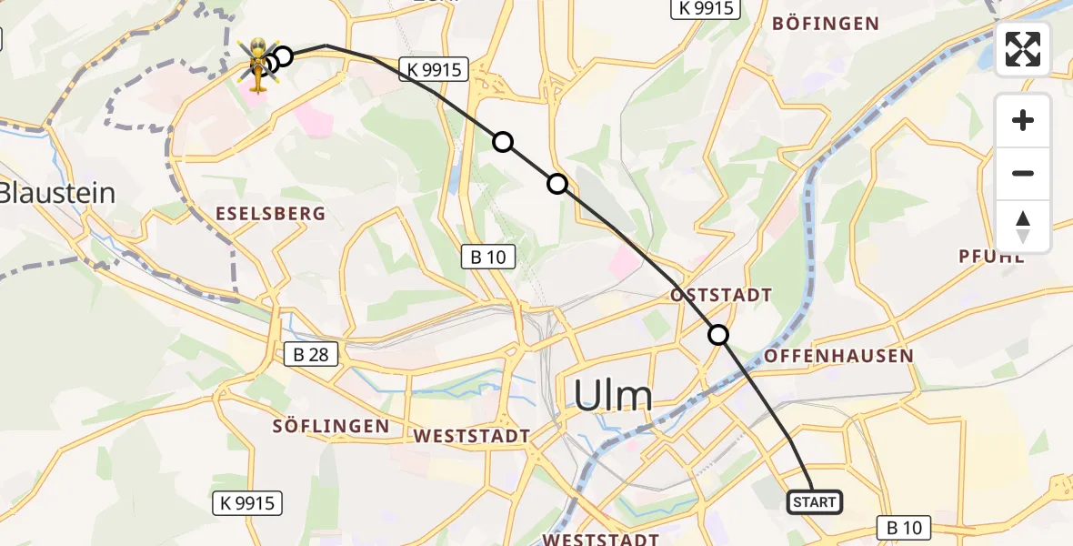 Flugroute Rettungshubschrauber Neu-Ulm - ADAC Air Rescue Station Ulm (Christoph 22), 01 Oktober 2026, 14:55