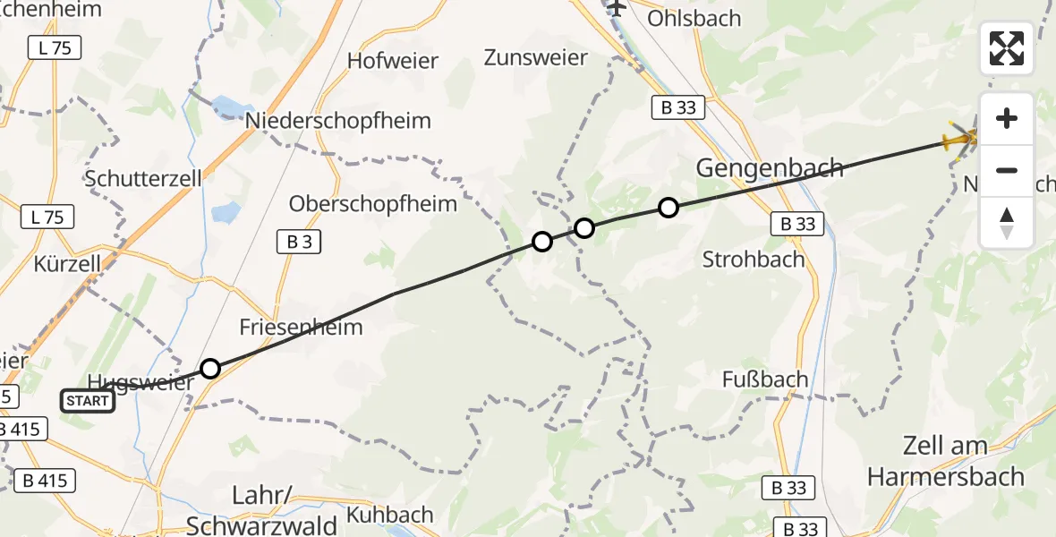 Flugroute Rettungshubschrauber Lahr Flughafen - Gengenbach, 01 Oktober 2026, 14:56
