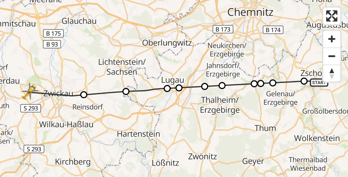 Flugroute Rettungshubschrauber Zschopau - ADAC Air Rescue Station Zwickau Hubschrauberlandeplatz, 01 Oktober 2026, 14:59