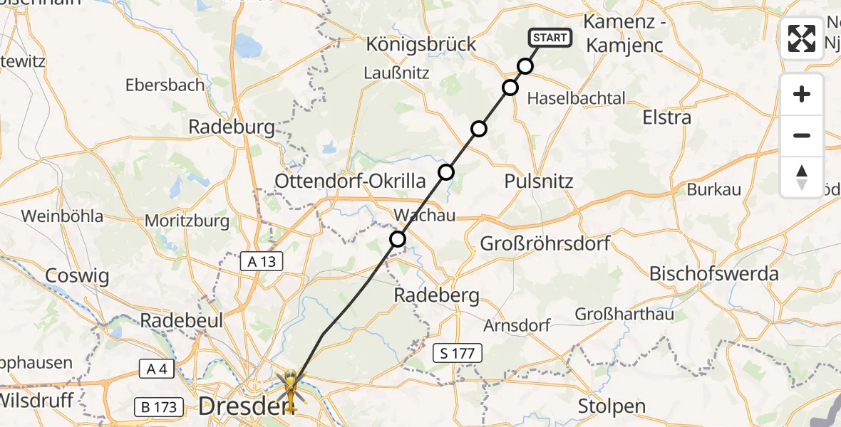 Flugroute Rettungshubschrauber Kamenz - Dresden University Hospital, 01 Oktober 2026, 15:02